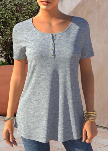 Short Sleeve Grey Marl Button Detail T Shirt - unsigned - Modalova