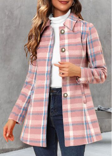 Pink Pocket Plaid Long Sleeve Shirt Collar Coat - unsigned - Modalova