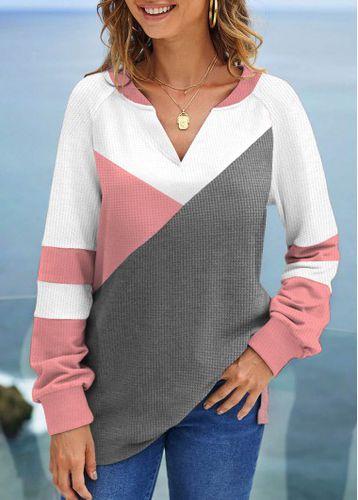 Pink Patchwork Long Sleeve V Neck Sweatshirt - unsigned - Modalova
