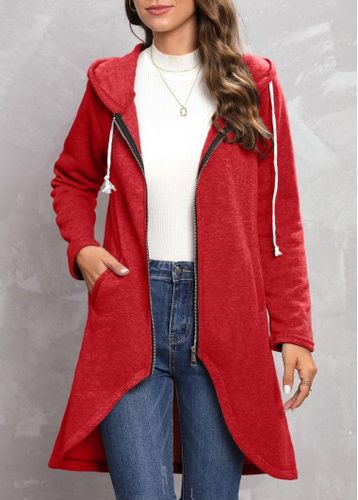 Red Zipper Long Sleeve Hooded Coat - unsigned - Modalova