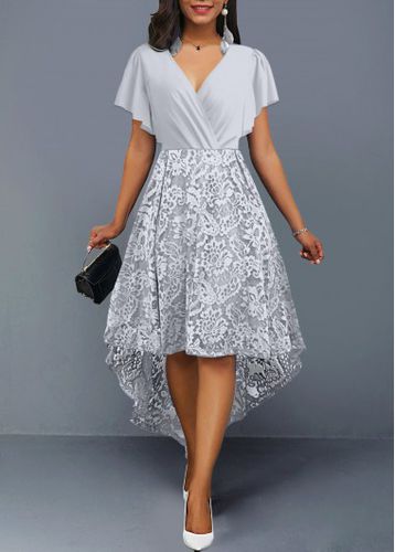 Silver Lace Short Sleeve V Neck Dress - unsigned - Modalova