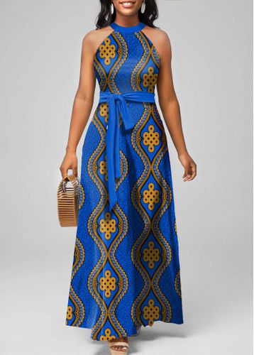Blue Tie Tribal Print Belted Sleeveless Maxi Dress - unsigned - Modalova