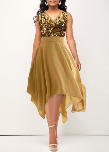 Golden Sequin Sleeveless V Neck Dress - unsigned - Modalova