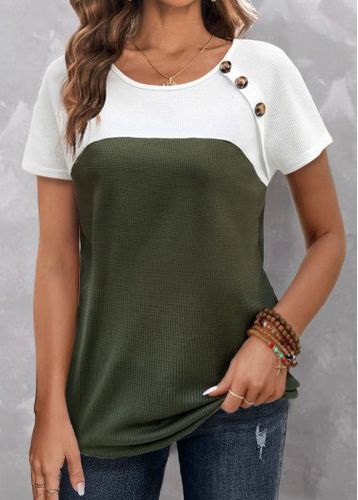 Olive Green Button Short Sleeve T Shirt - unsigned - Modalova