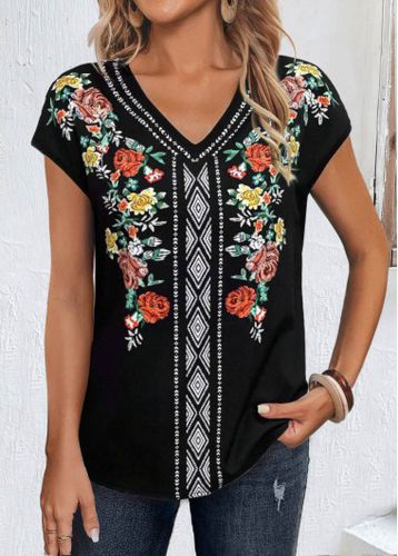 Black Patchwork Floral Print Short Sleeve T Shirt - unsigned - Modalova