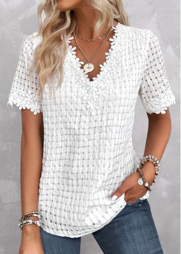 White Embroidery Short Sleeve V Neck Blouse - unsigned - Modalova