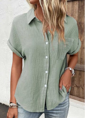 Sage Green Pocket Short Sleeve Shirt Collar Blouse - unsigned - Modalova