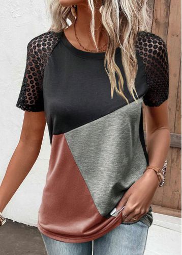 Black Lace Short Sleeve Round Neck T Shirt - unsigned - Modalova
