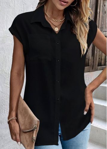 Black Button Short Sleeve Shirt Collar Blouse - unsigned - Modalova
