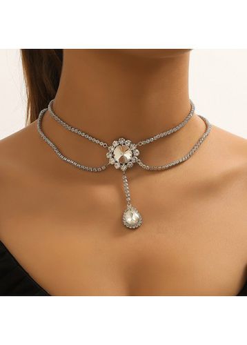 Silvery White Rhinestone Detail Layered Necklace - unsigned - Modalova