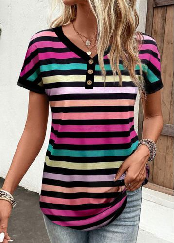 Multi Color Button Striped Short Sleeve T Shirt - unsigned - Modalova