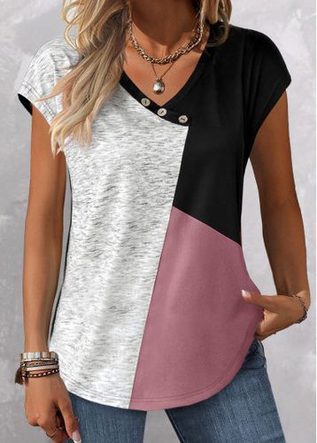 Pink Patchwork Short Sleeve V Neck T Shirt - unsigned - Modalova