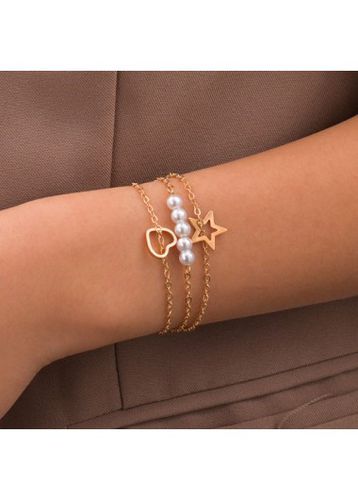 Gold Heart Layered Pearl Detail Bracelet - unsigned - Modalova