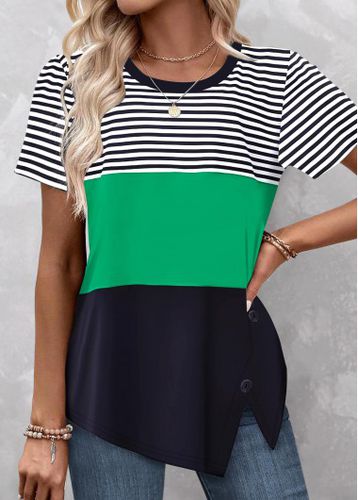 Green Patchwork Striped Short Sleeve T Shirt - unsigned - Modalova