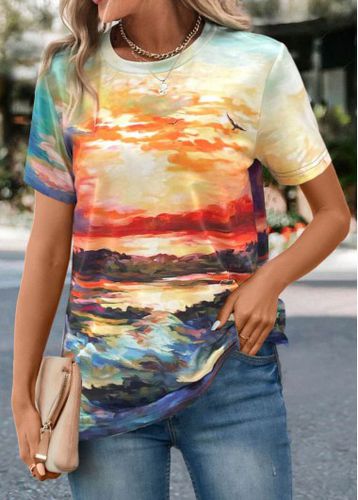 Multi Color Landscape Print Short Sleeve T Shirt - unsigned - Modalova