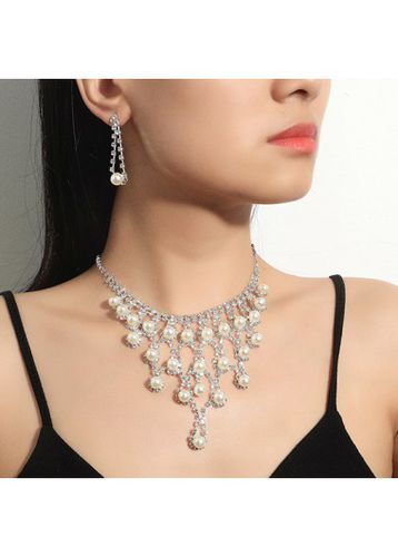 Silver Pearl Rhinestone Necklace and Earrings - unsigned - Modalova