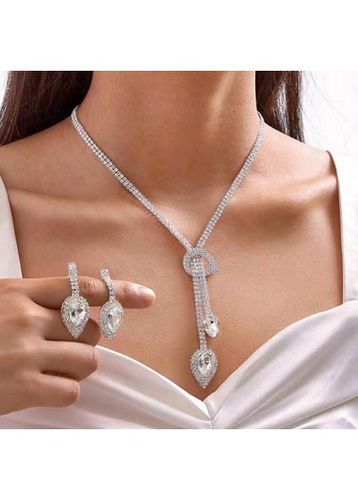 Silvery White Rhinestone Design Necklace and Earrings - unsigned - Modalova