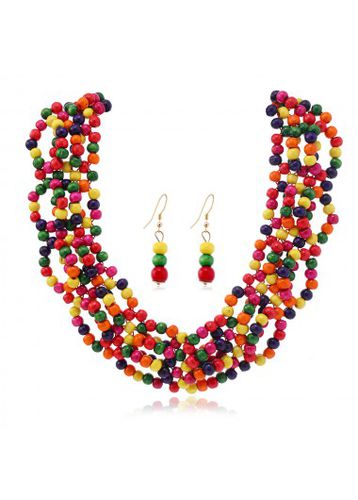 Multi Color Wood Beads Necklace and Earrings - unsigned - Modalova
