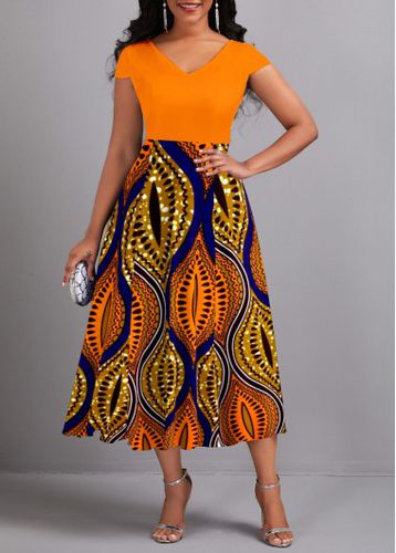 Orange Umbrella Hem Tribal Print Short Sleeve Dress - unsigned - Modalova
