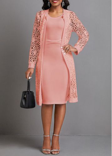 Pink Two Piece Long Sleeve Round Neck Dress and Cardigan - unsigned - Modalova