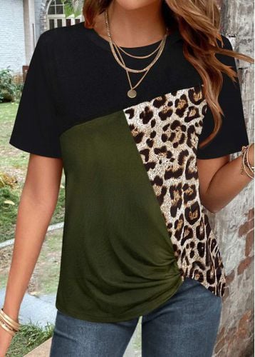 Green Patchwork Leopard Short Sleeve T Shirt - unsigned - Modalova