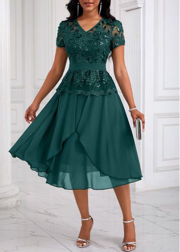 Blackish Green Lace Patchwork Short Sleeve Dress - unsigned - Modalova