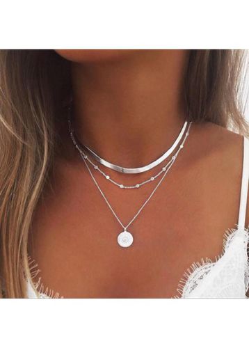 Silver Round Layered Design Alloy Necklace - unsigned - Modalova