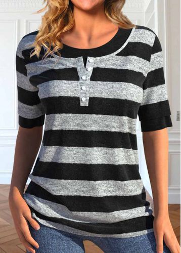 Black Fake 2in1 Striped Short Sleeve T Shirt - unsigned - Modalova