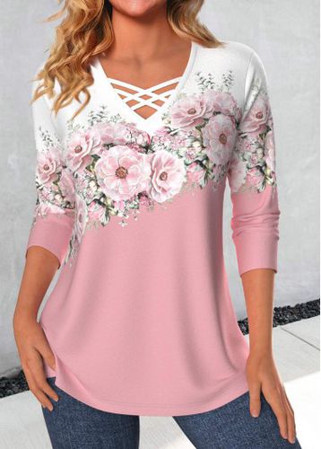 Valentine's Day Pink Criss Cross Floral Print T Shirt - unsigned - Modalova