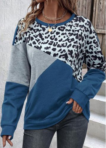 Dusty Blue Patchwork Leopard Long Sleeve Sweatshirt - unsigned - Modalova