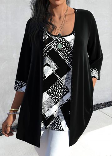 Black Two Piece Geometric Print Cardigan and Tank Top - unsigned - Modalova