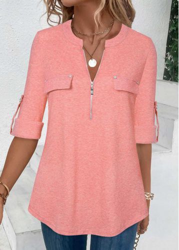 Pink Zipper Long Sleeve Round Neck T Shirt - unsigned - Modalova