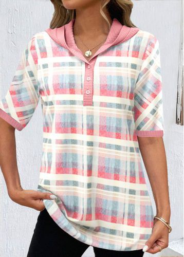 Light Pink Button Plaid Half Sleeve T Shirt - unsigned - Modalova