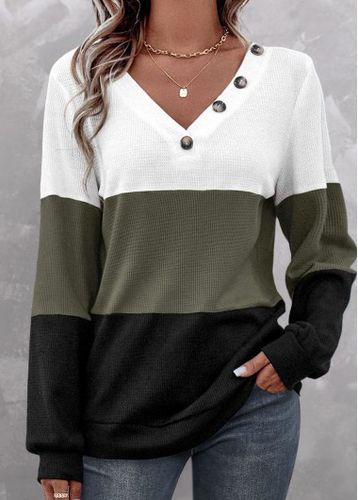 Olive Green Patchwork Long Sleeve V Neck Sweatshirt - unsigned - Modalova