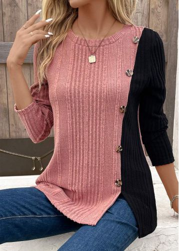Pink Patchwork Long Sleeve Round Neck T Shirt - unsigned - Modalova