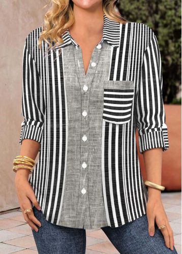 Black Patchwork Striped Long Sleeve Shirt Collar Blouse - unsigned - Modalova