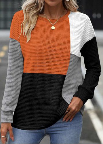 Multi Color Patchwork Long Sleeve Round Neck Sweatshirt - unsigned - Modalova
