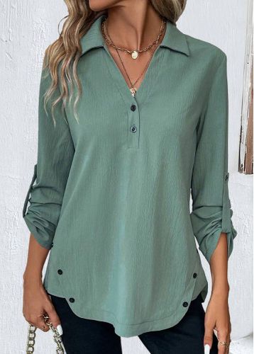 Sage Green Button Long Sleeve Shirt Collar Blouse - unsigned - Modalova