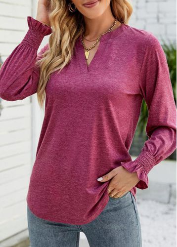 Hot Pink Smocked Long Sleeve Split Neck T Shirt - unsigned - Modalova