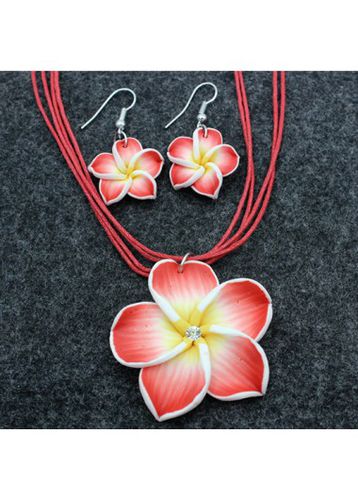 Red Floral Design Polymer Clay Necklace and Earrings - unsigned - Modalova