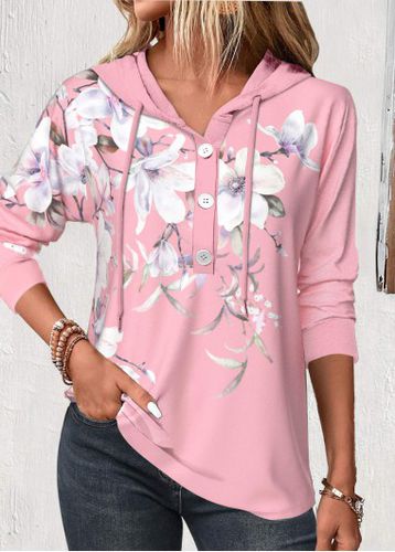 Pink Button Floral Print Long Sleeve Hoodie - unsigned - Modalova