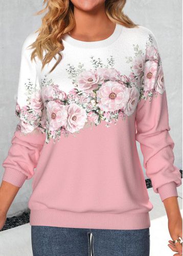 Valentine's Day Pink Patchwork Floral Print Long Sleeve Sweatshirt - unsigned - Modalova