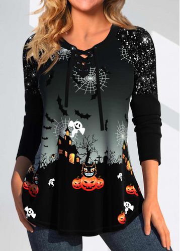 Black Patchwork Halloween Print Long Sleeve T Shirt - unsigned - Modalova