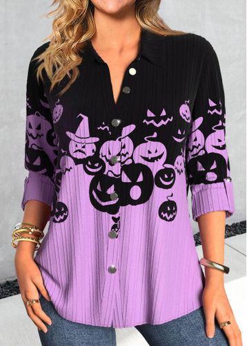 Purple Button Halloween Print Long Sleeve Blouse - unsigned - Modalova