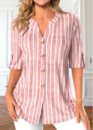 Light Pink Button Striped Half Sleeve Blouse - unsigned - Modalova