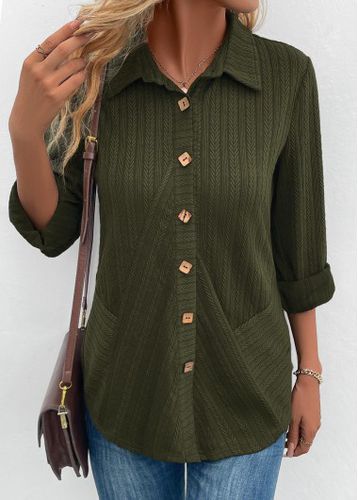 Olive Green Patchwork Long Sleeve Shirt Collar Blouse - unsigned - Modalova