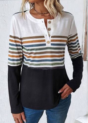 Multi Color Patchwork Striped Long Sleeve T Shirt - unsigned - Modalova