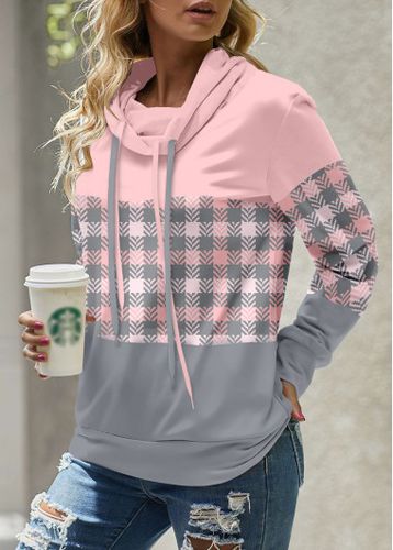Light Pink Patchwork Plaid Long Sleeve Cowl Neck Sweatshirt - unsigned - Modalova