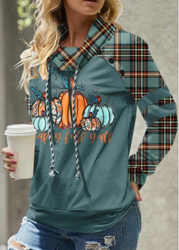 Turquoise Patchwork Plaid Long Sleeve Cowl Neck Sweatshirt - unsigned - Modalova