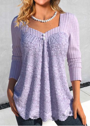 Light Purple Lace Long Sleeve Heart Collar T Shirt - unsigned - Modalova